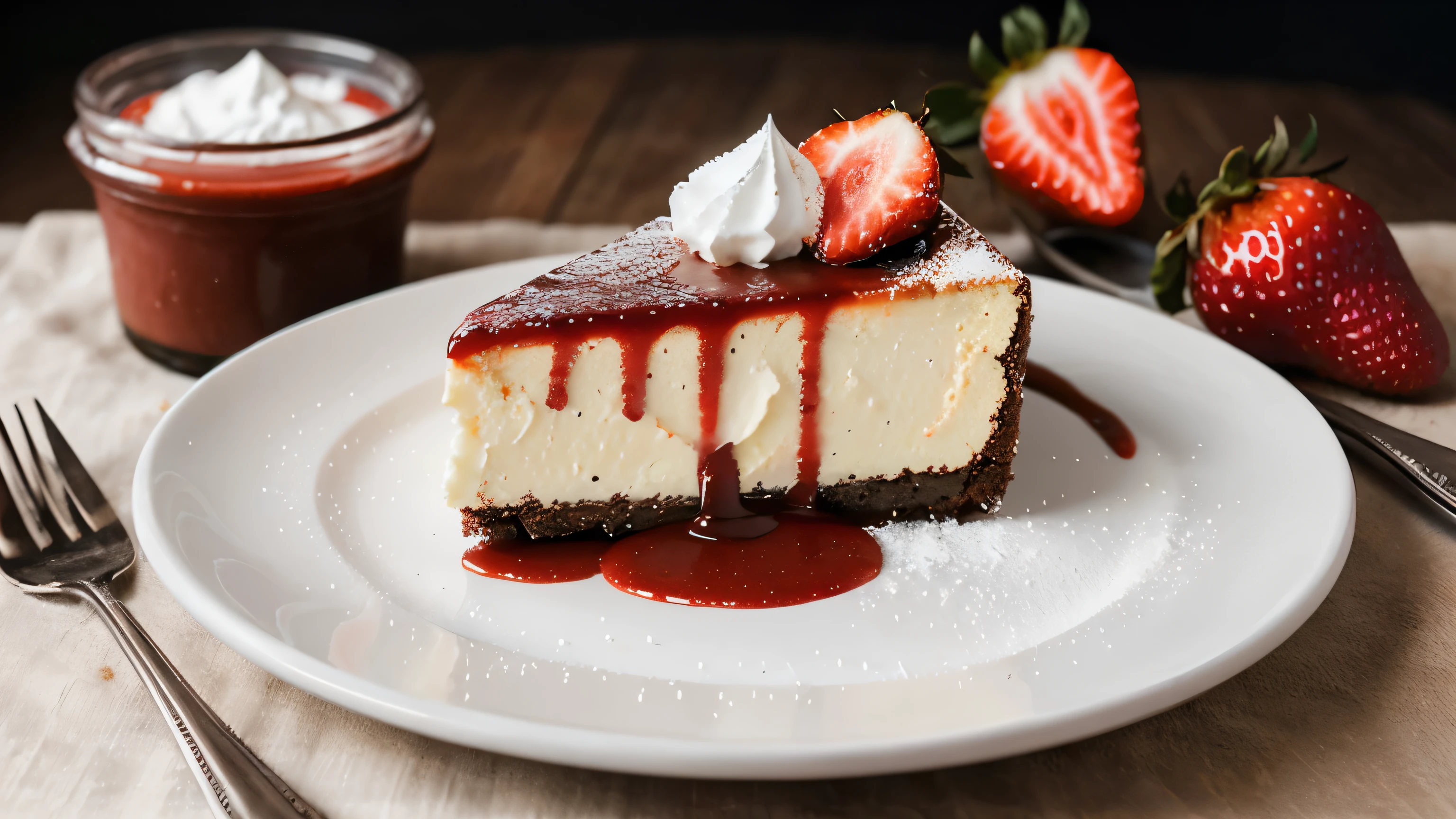 photorealistic image, trending on Pinterest, New York-style cheesecake adorned with a generous layer of strawberry compote and a dusting of powdered sugar