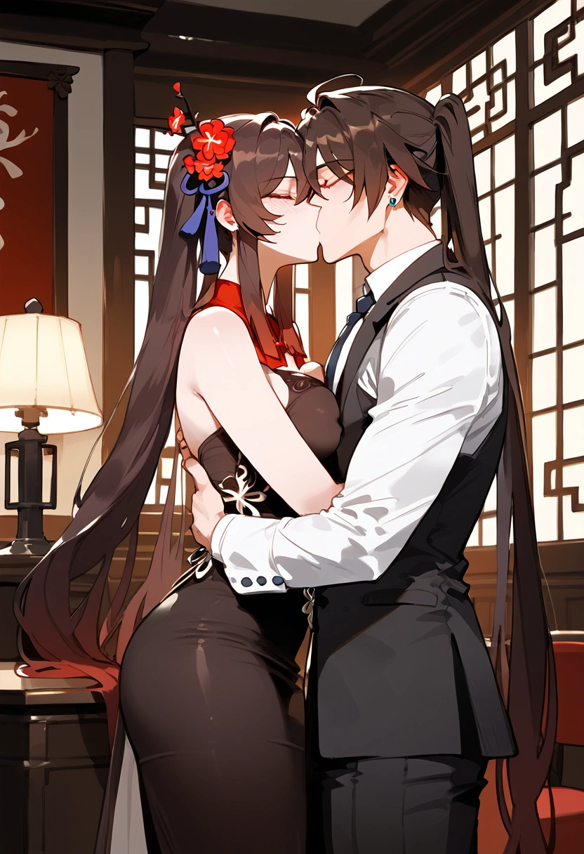 anime artwork, score_9, score_8_up, score_7_up, score_6_up, score_5_up, score_4_up, hu tao, she is 24 years old, style_3, he is taller than she,,,,,,,,,, dress, 1boy, zhongli, breast grab, they are kissing, indoors, floox style