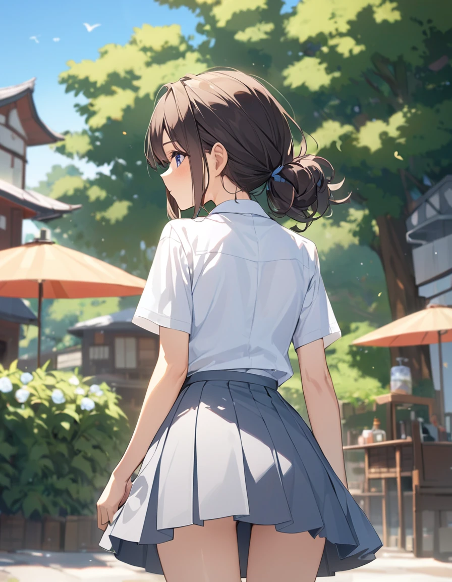 (Highest qualityのイラスト:1.2), (pretty girl:1.1), (1 girl、17 years old、Highest qualityのイラスト:1.2), (1 girl、Small breasts、blue eyes)、 Brown Hair、short hair、Wavy Hair、Curly Hair、Low Twintails、(Highest quality、Very detailed、Very detailed and beautiful、Ultra-high resolution) 、,{white business shirt:1.2、Short sleeve、Grey pleated skirt、medium long skirt}、Outdoor、summer、blue sky、Small breasts、from behind, hip focus