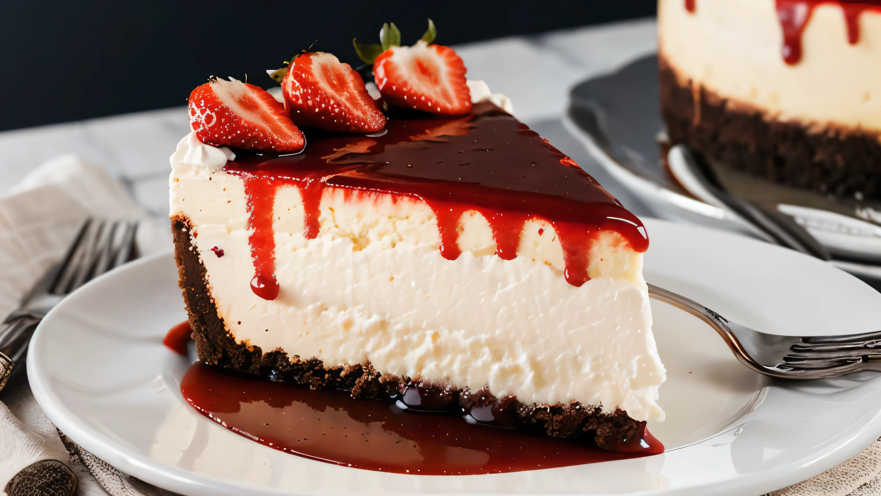 photorealistic image, trending on Pinterest, New York-style cheesecake adorned with a generous layer of strawberry compote and a dusting of powdered sugar