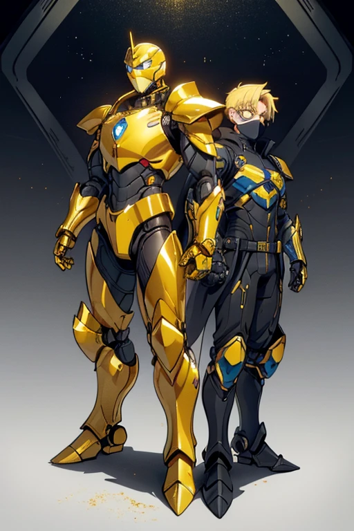 golden yellow body, blue eyes, robotic, robot, (((1boy))), (((golden yellow metal armor))), (black clawed cybernetic gauntlets), (black cybernetic boots), (faceless mask), (golden yellow hip guards)