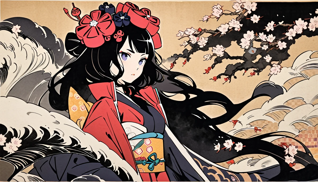 (((Highest quality))), (((Katsushika Hokusai))), (((Ink Painting))), ((very straight longhair)), ((1 girl)), ((cherry blossoms)), ((beautiful girl)), Japanese style headphones, Black Hair, Delicate and precise, Modern ukiyo-e style, wind god