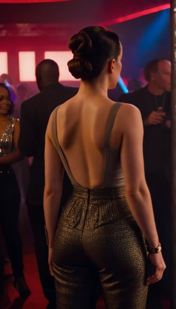 cinematic film still Daisy Ridley, highly detailed, high budget Hollywood movie by barry jenkins, she is showing her very small ass in a club, nsfw, solo 1 woman, ass is focus but its still covered in the pants, very flat small breasts covered behind the clothes