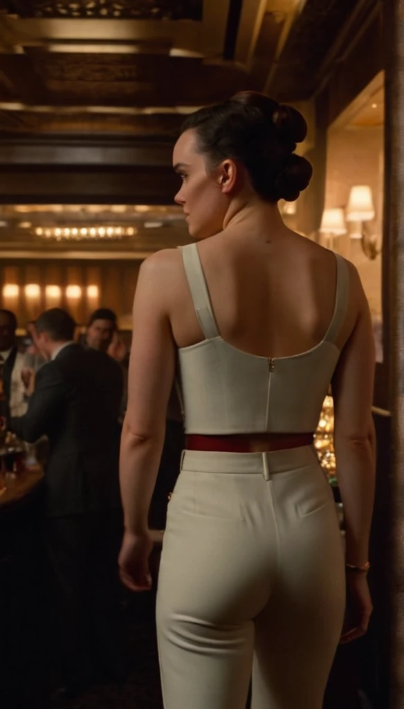 cinematic film still Daisy Ridley, highly detailed, high budget Hollywood movie by barry jenkins, she is showing her very small ass in a club, nsfw, solo 1 woman, ass is focus but its still covered in the pants, very flat small breasts covered behind the clothes