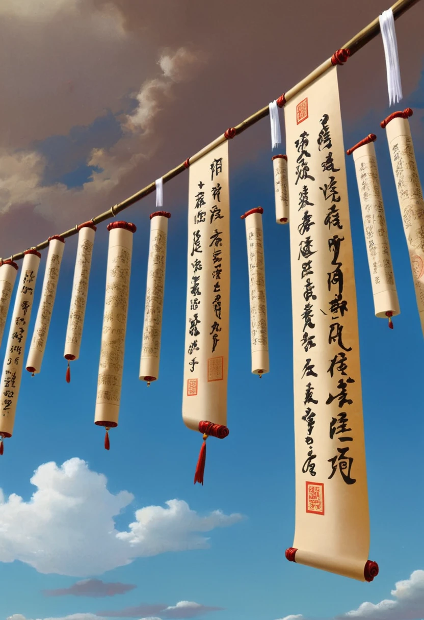 Many long scrolls hanging from the sky