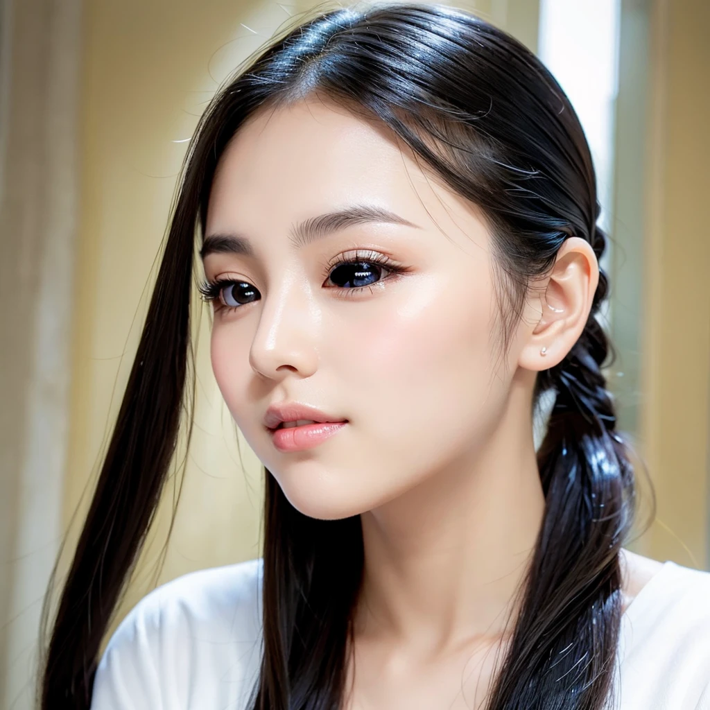 A beautiful face,White skin,Light eyebrows,A pair of clear and bright eyes,Always shining with gentle light。Straight nose,Slightly upturned lips,Always with a faint smile,Makes people feel very friendly。Hair is black and shiny,Always wear a ponytail,Looks very refreshing and neat。Wear simple and comfortable clothes