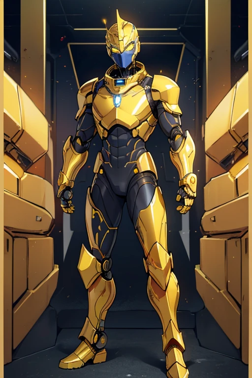 golden yellow body, blue eyes, robotic, robot, (((1boy))), (((golden yellow metal armor))), (black clawed cybernetic gauntlets), (black cybernetic boots), (faceless mask), (golden yellow hip guards)