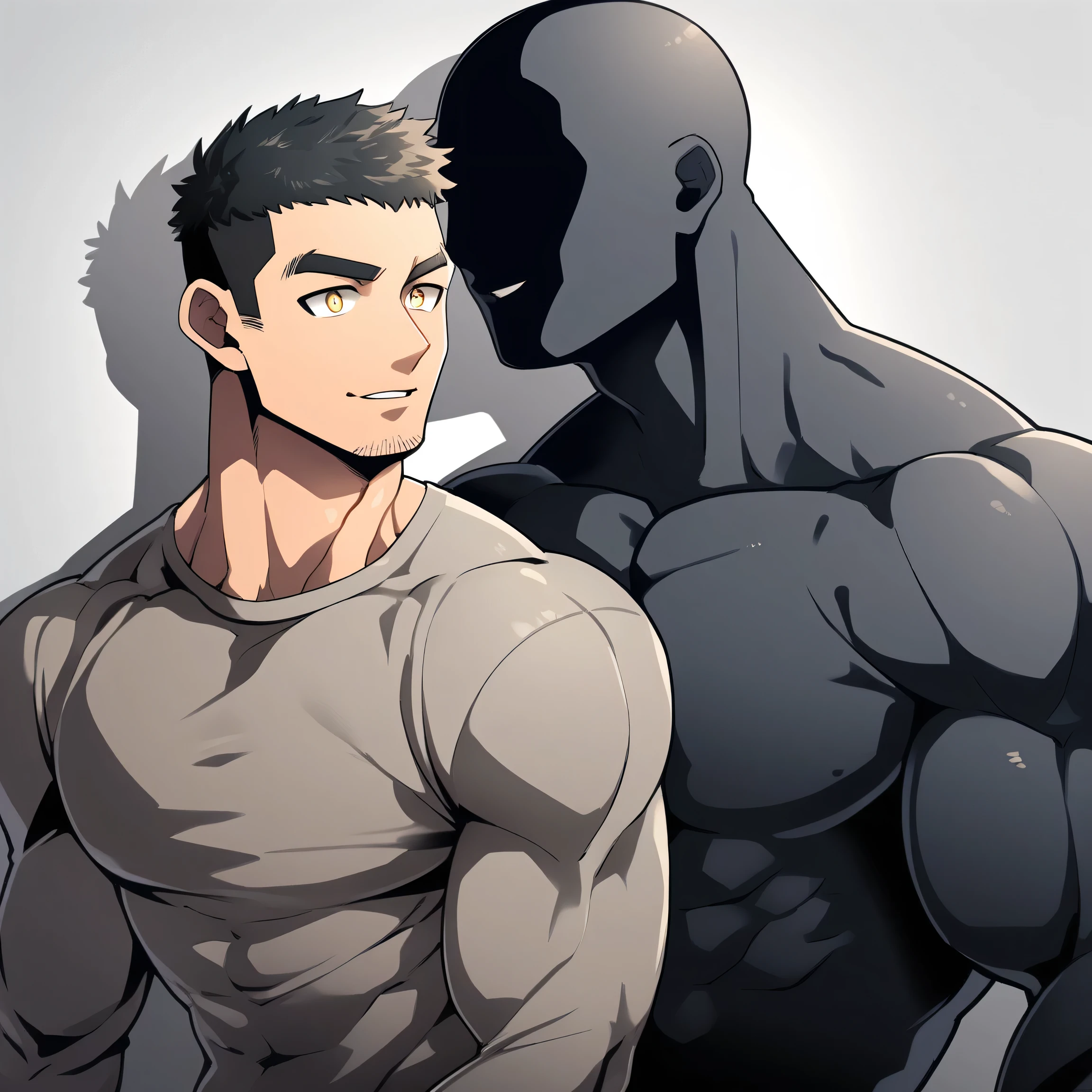 anime characters：Two superheroes in tights, Muscle Sports Student and Muscle No Face No Eyes skinhead superhero, No Face，negro black skin, They hugged and kissed each other, Bite your neck, Caress, Manliness, male focus, Yellow and black high collar long sleeve tight T-shirt, Slightly transparent material, Very tight, Round, full and perky chest muscles, Muscle waist, Slightly transparent, muscular male, muscular, only, Upper body, alone, Black short hair, Thick eyebrows, stubble, Yellow eyes, Grey background, simple background, amazing quality, best aesthetics, Ridiculous, bright pupils, crew cut, parted lips, seductive smile, torogao, naughty face, drop shadow, best quality