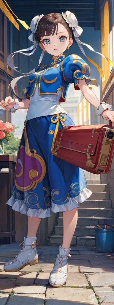 chun-li,((masterpiece)), ((best quality)), ((ultra detailed)), ((kawaii)), cute, (lovely), ((extremely detailed)), ((8K)), (beautiful),flat breast, tiny breast,full body