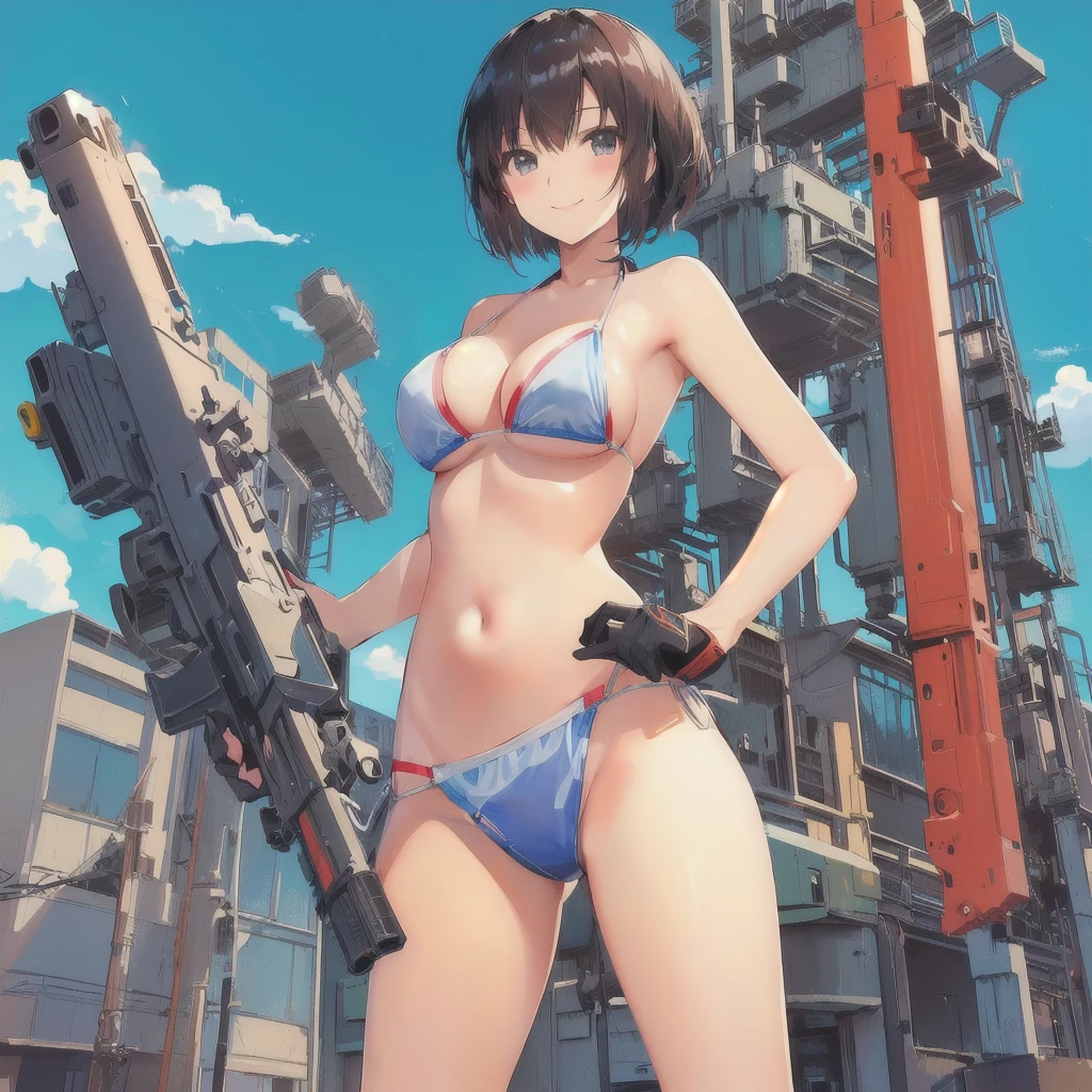 anime girl in bikini with giant gun in front of factory, smile,80's,Kantai Collection Style, Railgun, makoto shinka, Girl with warship parts, yellow wind, Kantai Collection, bikini + Tattered military equipment, art of yellow wind pixel, Anime Machine Gun Shooting, Makoto Shinkai and Artgelm, Biomechanical OPPAI