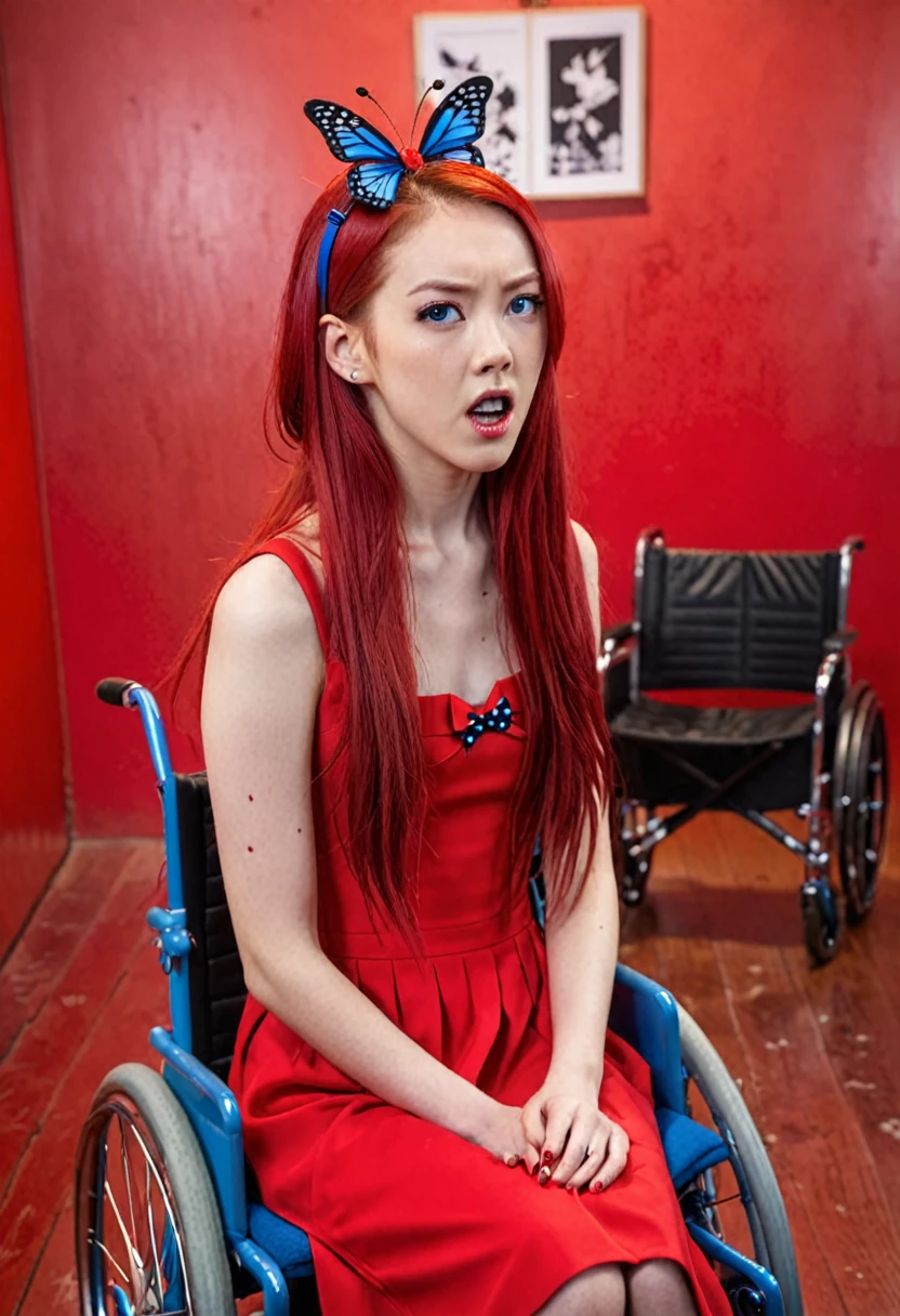 Uhd, photo of Cami, subject: Noriko, 1/2 Japanese 1/2 Hainu skinny girl in 2/00 a large red wheelchair with long red hair, blue+++ eyes, oval face, LGBTQIA+, queer, punk style, wearing 1/3 long red dress, buttefly hairclip, tattooes. She is very angry and looks towards the camera.. She is shouting. Background: red room.