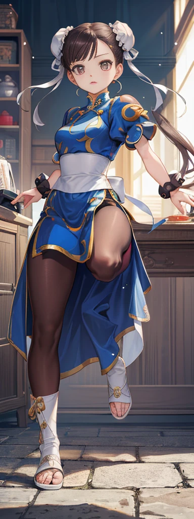 chun-li,((masterpiece)), ((best quality)), ((ultra detailed)), ((kawaii)), cute, (lovely), ((extremely detailed)), ((8K)), (beautiful),flat breast, tiny breast,full body