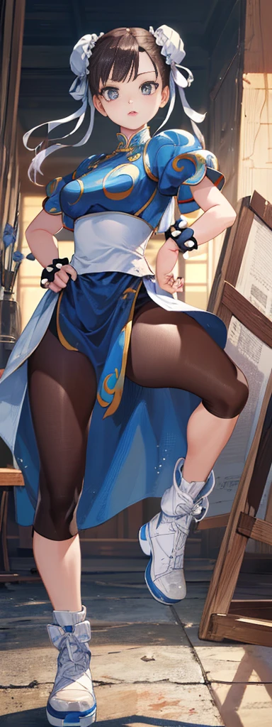 chun-li,((masterpiece)), ((best quality)), ((ultra detailed)), ((kawaii)), cute, (lovely), ((extremely detailed)), ((8K)), (beautiful),flat breast, tiny breast,full body