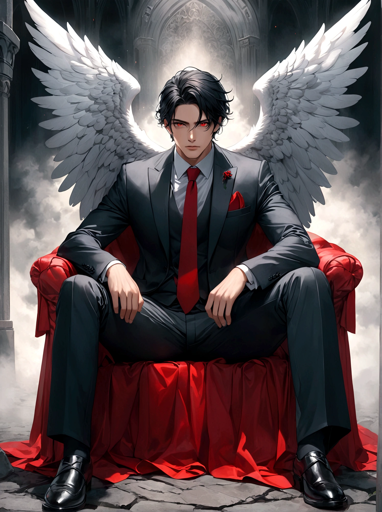 night，A Western man sitting on a stone seat，Night，Thick fog，Smoke background，耸立在云端的Stone Throne，Stone Throne，black hair，Black Hair，Black suit suit，Black suit，Red tie，Red pupils，Red pupil，Colored Contact Lenses，There is a pair of huge angel wings behind，Crossing your legs，Hyperrealism，