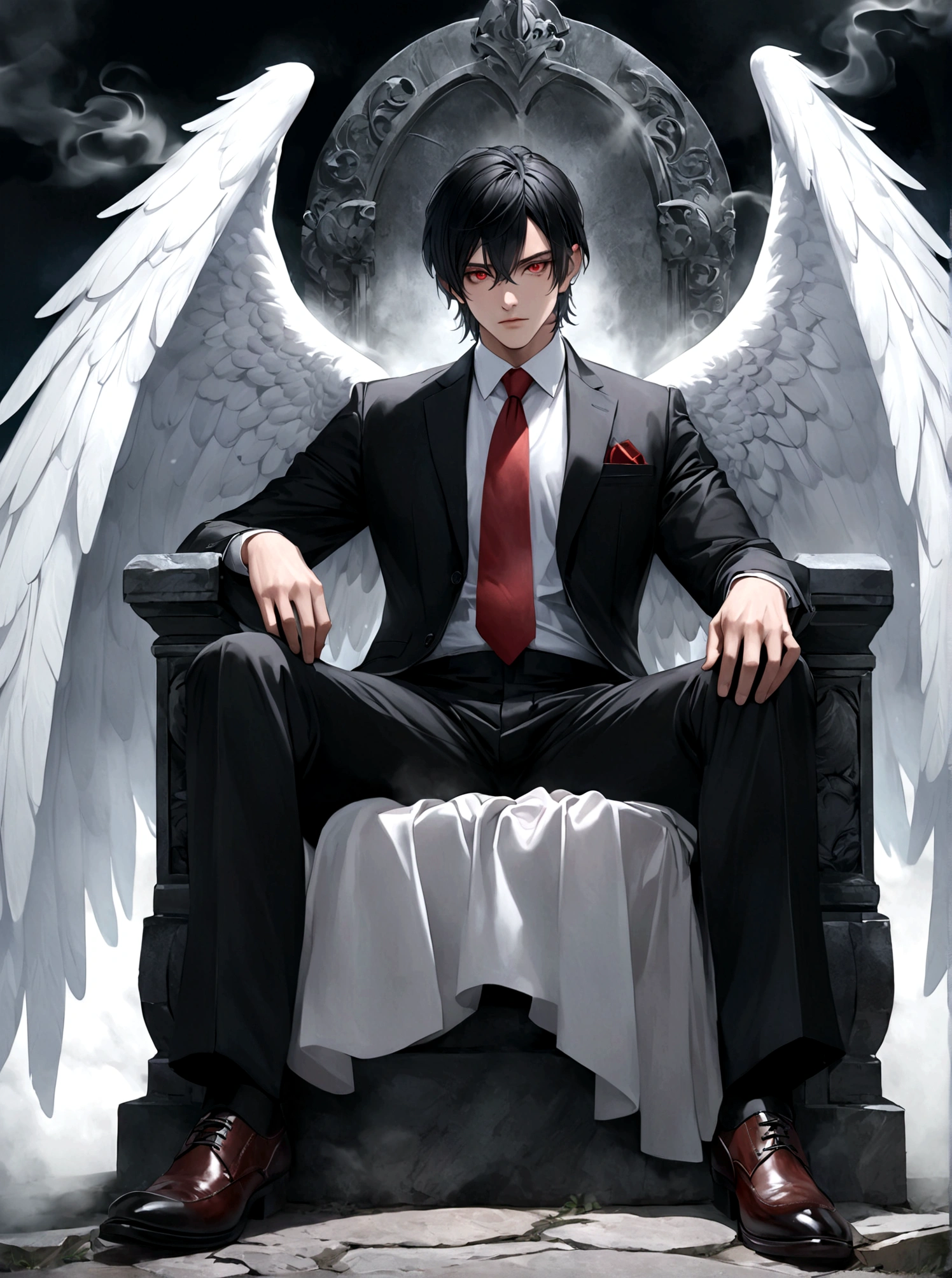night，A Western man sitting on a stone seat，Night，Thick fog，Smoke background，耸立在云端的Stone Throne，Stone Throne，black hair，Black Hair，Black suit suit，Black suit，Red tie，Red pupils，Red pupil，Colored Contact Lenses，There is a pair of huge angel wings behind，Crossing your legs，Hyperrealism，