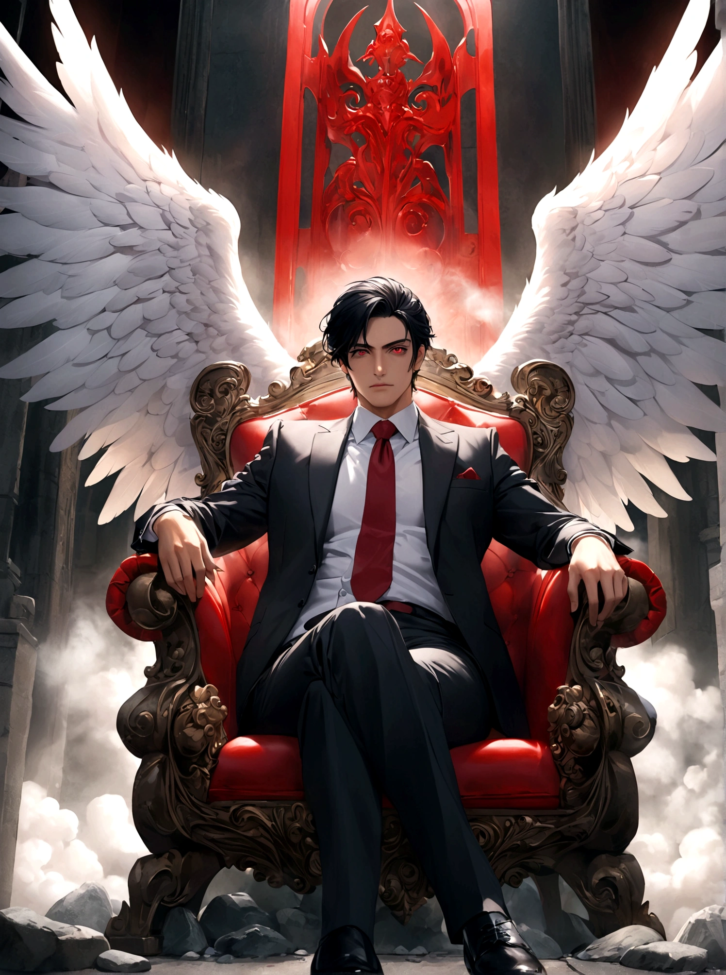 night,A Western man sitting on a stone seat,Night,Thick fog,Smoke background,耸立在云端的Stone Throne,Stone Throne,black hair,Black Hair,Black suit suit,Black suit,Red tie,Red pupils,Red pupil,Colored Contact Lenses,There is a pair of huge angel wings behind,Crossing your legs,Hyperrealism,