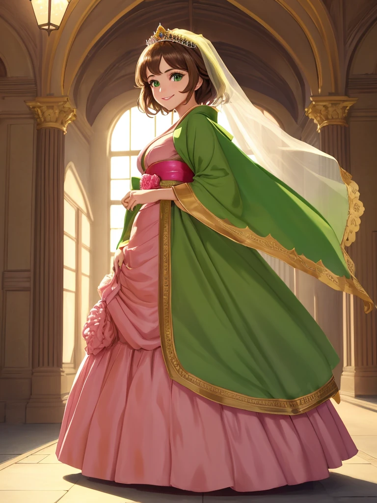 masterpiece, best quality:1.2), 1girl, smile, looking at viewer, green eyes, short brown hair, princess, princess dress, wearing puffy pink ballgown reaching the floor, green kimono, golden tiara with veil, standing in ballroom of medieval castle