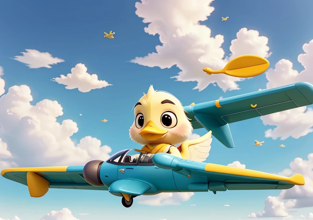 A cute duck sit in an airplane, looking out from plane window, cute soft duck with yellow beak, in the cloudy sky,