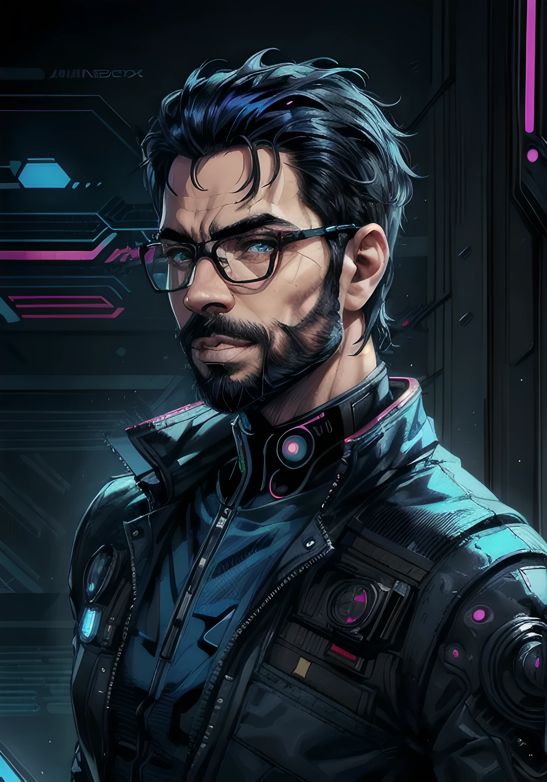 1boy, male focus, solo, facial hair, wild beard, (toned:0.1), dark [blue|black] hair, formal, looking at viewer, portrait, close up, (from above:0.9), suit, dark theme, ([cyberpunk|steampunk]:1.3), cartoon stylish, (expressive), (cybernetic:1.18), superman, toned, serious, vibrant, (colorful, thick outlines, flat color:1.12), fantasy
