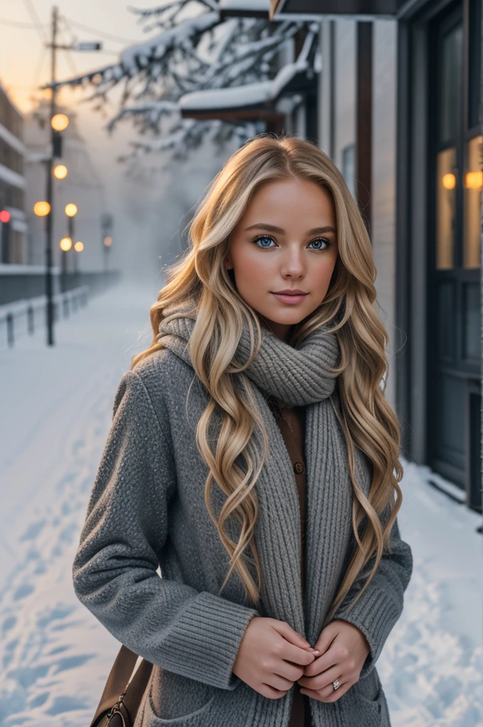 professional portrait photograph of a gorgeous Norwegian girl in winter clothing with long wavy blonde hair, sultry flirty look, gorgeous symmetrical face, cute natural makeup, wearing elegant warm winter fashion clothing, ((standing outside in snowy city street)), stunning modern urban environment, ultra realistic, concept art, elegant, highly detailed, intricate, sharp focus, depth of field, f/1. 8, 85mm, medium shot, mid shot, (((professionally color graded))), bright soft diffused light, (volumetric fog), trending on instagram, hdr 4k, 8k