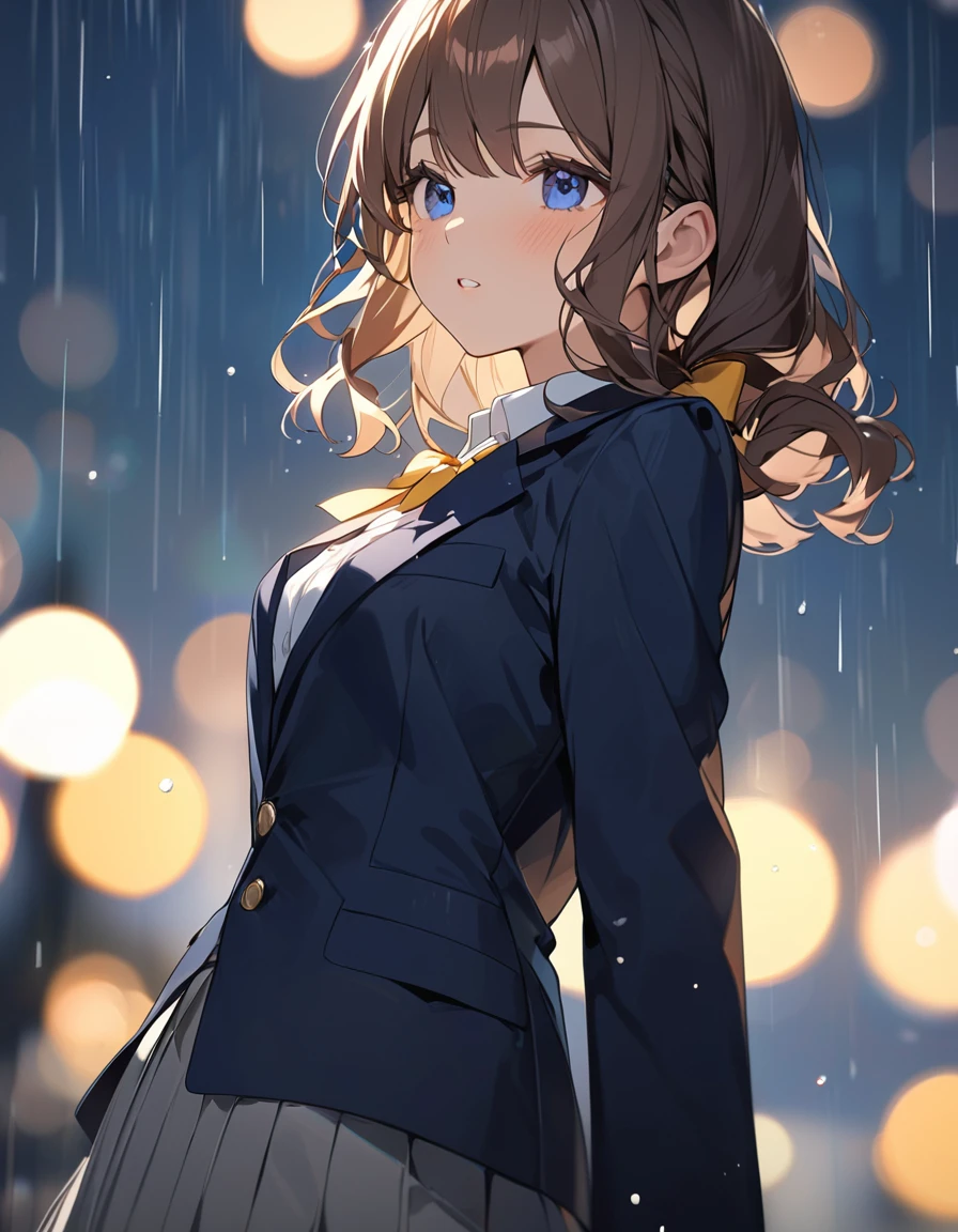 (Highest qualityのイラスト:1.2), (pretty girl:1.1), (1 girl、、Highest qualityのイラスト:1.2), (1 girl、Small breasts、blue eyes)、 Brown Hair、short hair、Wavy Hair、Curly Hair、Low Twintails、(Highest quality、Very detailed、Very detailed and beautiful、Ultra-high resolution) 、、,{Dark Blue Blazer、White shirt、Yellow ribbon、Grey pleated skirt}、throw、Soft focus ground bokeh、、from side, Gazing into the distance、rain,
