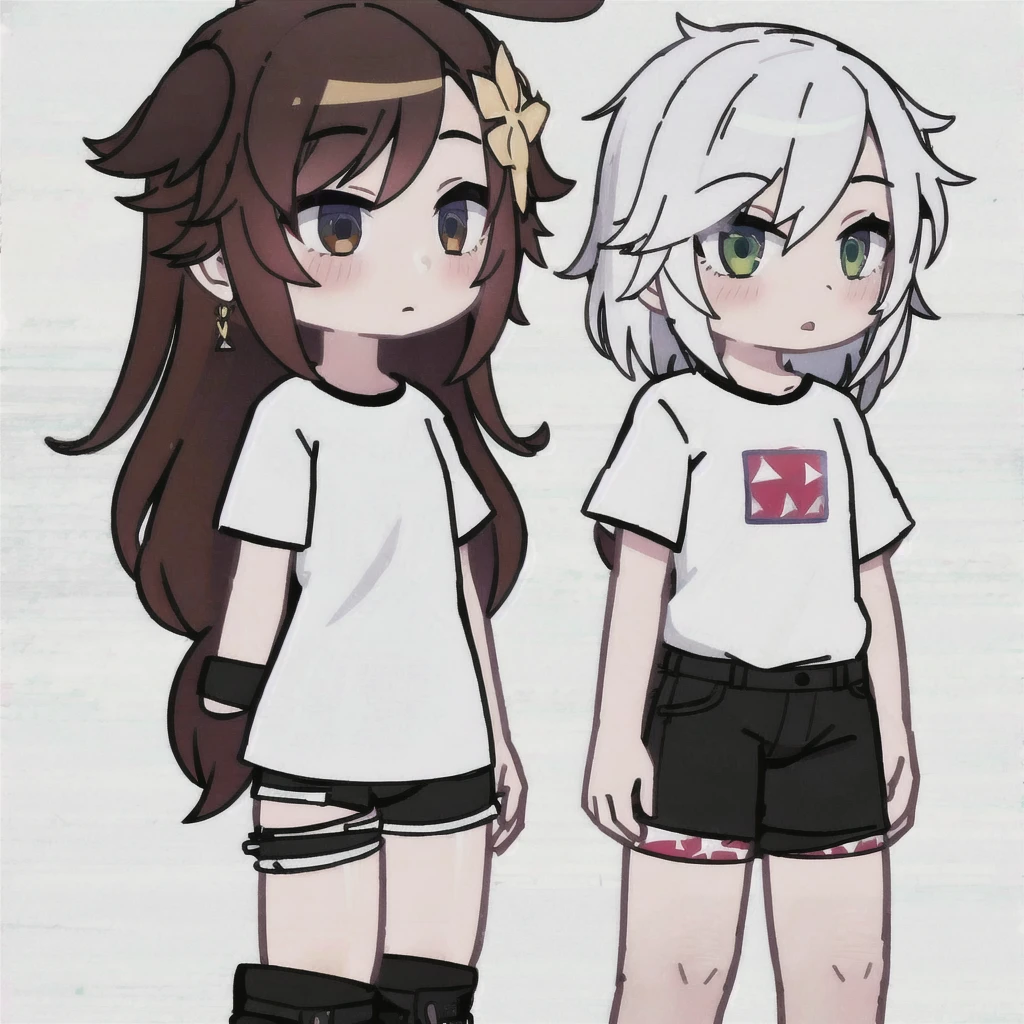 1 girl, looking away, White background, White T-shirt, black shorts