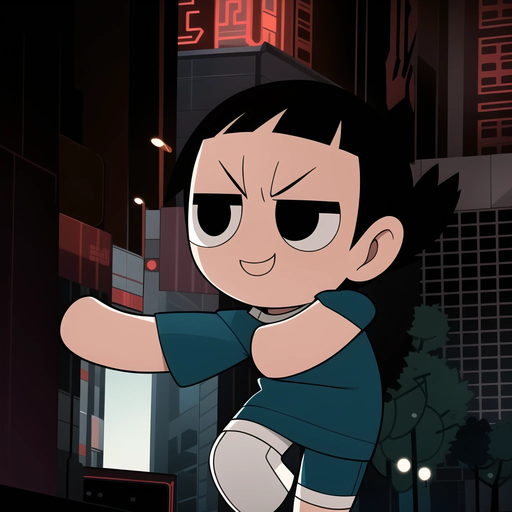 boy, shirt, short sleeves, pants, cute smile, full body, chibi, black hair, city background, (((Solo)))