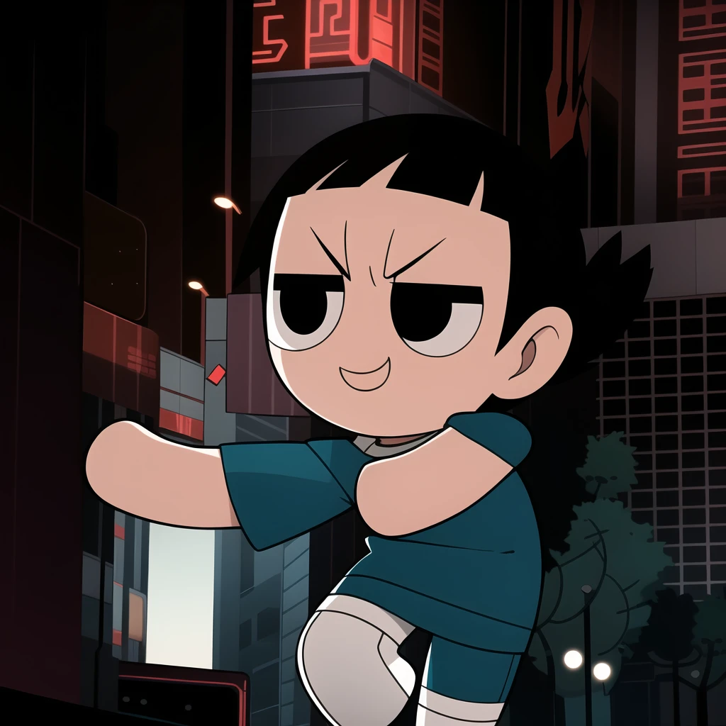 boy, shirt, short sleeves, pants, cute smile, full body, chibi, black hair, city background, (((Solo)))