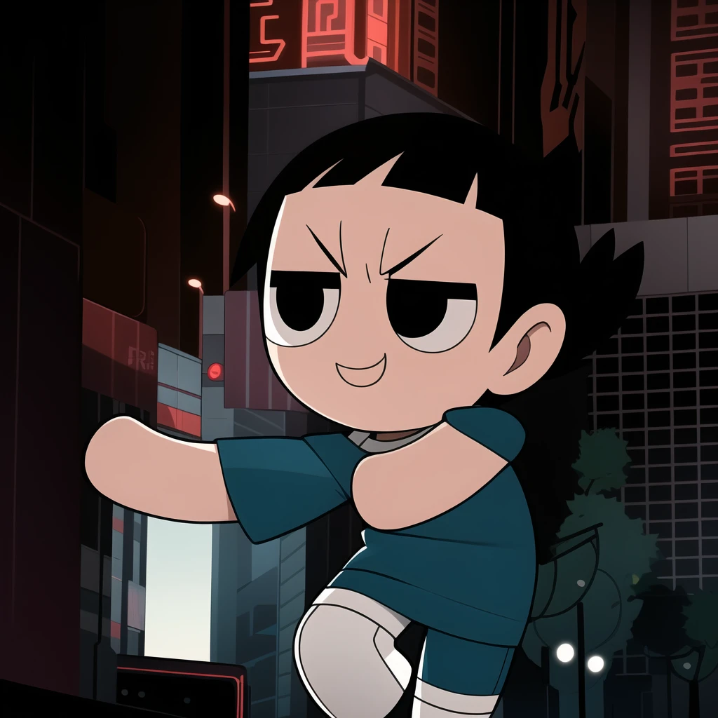 boy, shirt, short sleeves, pants, cute smile, full body, chibi, black hair, city background, (((Solo)))