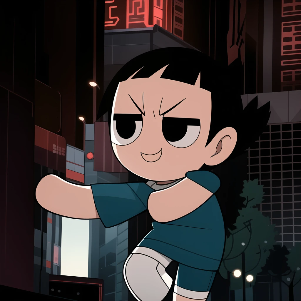 boy, shirt, short sleeves, pants, cute smile, full body, chibi, black hair, city background, (((Solo)))