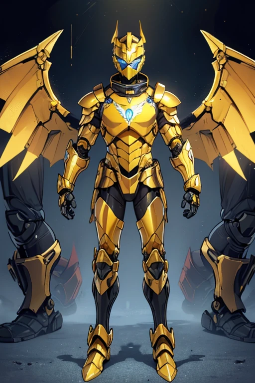 golden yellow body, blue eyes, robotic, robot, (((1boy))), (((golden yellow metal armor))), (black clawed cybernetic gauntlets), (black cybernetic boots), (faceless mask), (golden yellow hip guards), (winged helm)