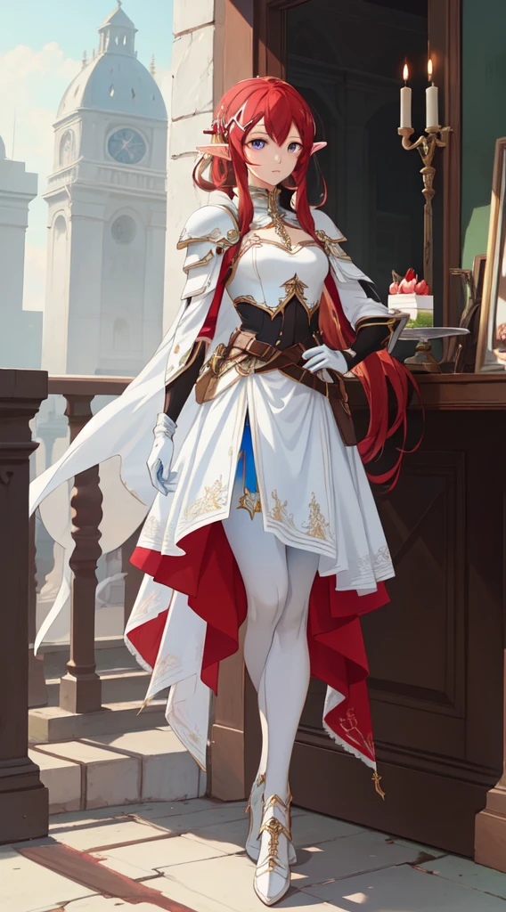 (masterpiece, top quality, Best quality, official art, beautiful and aesthetically pleasing:1.2), (elf), (1 girl), One, bang, red dyed hair,((dessertpunk X white armor)),long black tights with gloves,Handsome man standing in white shoes, as detailed as possible, Artgerm's art, from Kawasi, Yusuke Murata