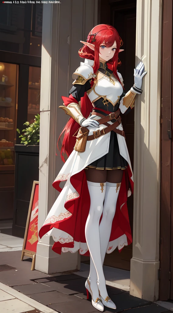 (masterpiece, top quality, Best quality, official art, beautiful and aesthetically pleasing:1.2), (elf), (1 girl), One, bang, red dyed hair,((dessertpunk X white armor)),long black tights with gloves,Handsome man standing in white shoes, as detailed as possible, Artgerm's art, from Kawasi, Yusuke Murata