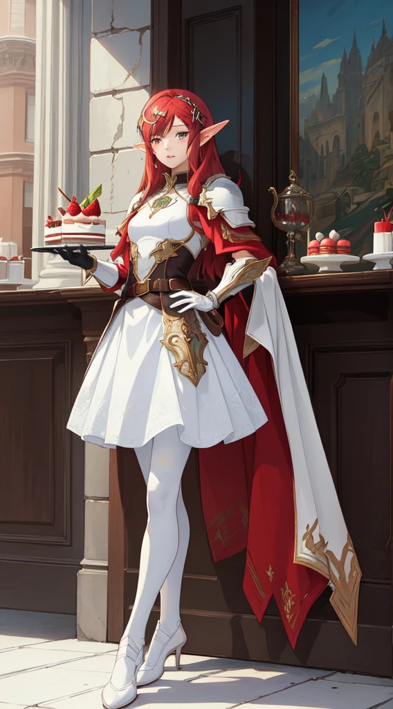 (masterpiece, top quality, Best quality, official art, beautiful and aesthetically pleasing:1.2), (elf), (1 girl), One, bang, red dyed hair,((dessertpunk X white armor)),long black tights with gloves,Handsome man standing in white shoes, as detailed as possible, Artgerm's art, from Kawasi, Yusuke Murata