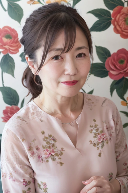 A calm and mature 55 year old Japanese woman, Married women, Delicate features, Long eyelashes, Sparkling Eyes, Low Ponytail, Red lipstick, Rosy Cheeks, elegant, Candid pose, Gorgeous Dress, ((whole body)), Floral Room, wallpaper, (Highest quality,8K,High resolution,masterpiece:1.2),