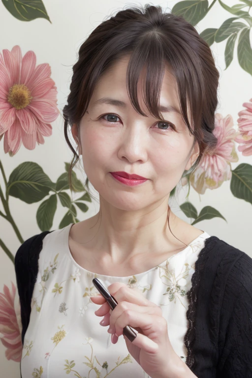 A calm and mature 55 year old Japanese woman, Married women, Delicate features, Long eyelashes, Sparkling Eyes, Low Ponytail, Red lipstick, Rosy Cheeks, elegant, Candid pose, Gorgeous Dress, ((whole body)), Floral Room, wallpaper, (Highest quality,8K,High resolution,masterpiece:1.2),