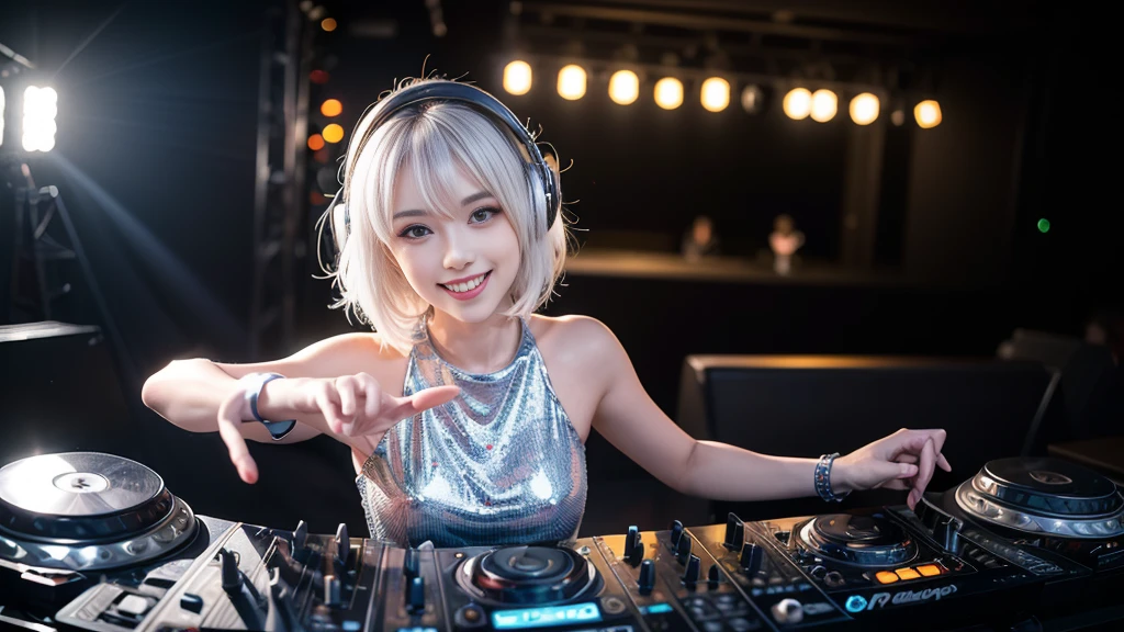 (ultra - detailed, 16K resolution, Cinema lenses, rendering by octane), (high resolution:1.18), intricate detail, (masterpiece:1.1), (highest quality:1.1), (1girl, portrait, white hair, blue eyes, short hair, detailed eyes),Wearing silver DJ headphones, Shiny silver sequined T-shirt, (Iconic hip-hop pop costumes:1.3), Smile while DJing on stage, full body shot of, The spotlight shines on the female DJ. Photorealistic photography by Disco Lighting, (cute round face:1.3), perfect fingers, five fingers, beautiful hands, perfect hands. master peace, cute smile.