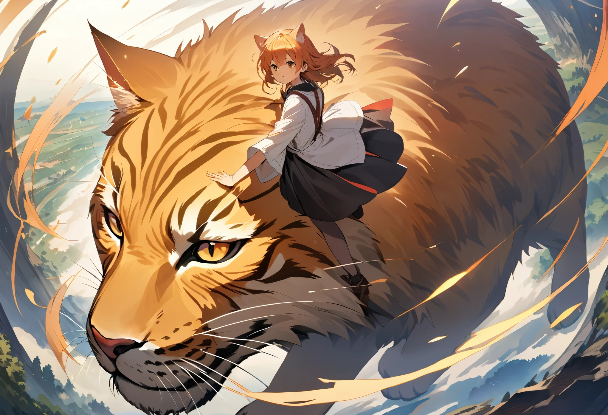 A wide-angle shot showing a young female high school student in a lying happily on the back of a massive, majestic feline creature. The cat has a powerful, muscular body covered in thick, lustrous fur that shimmers in various shades of orange, red, and gold. Its face is regal and leonine, with piercing eyes and a strong, angular jawline. The girl reclines gracefully on the cat’s broad back, her skirt billowing slightly in the wind as she clings to the creature’s thick fur with a joyful, awestruck expression. The cat moves with a graceful, effortless stride, its paws leaving no trace as it dashes through the fantastical landscape. The composition places the cat and girl prominently in the center of the frame, viewed from a frontal perspective. The overall aesthetic has an anime or illustration-like style.