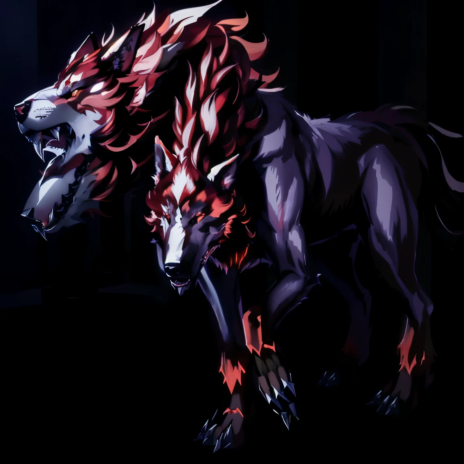 there is a drawing of a wolf with a red mane, Cerberus, Nine Tails, feels, with glowing red eyes, gigas, with glowing red eyes, an anthropomorphic wolf, says wolf, a minotaur wolf, hello it's a wolf girl, amaterasu, painted in the arcane style, Koda Kazuma