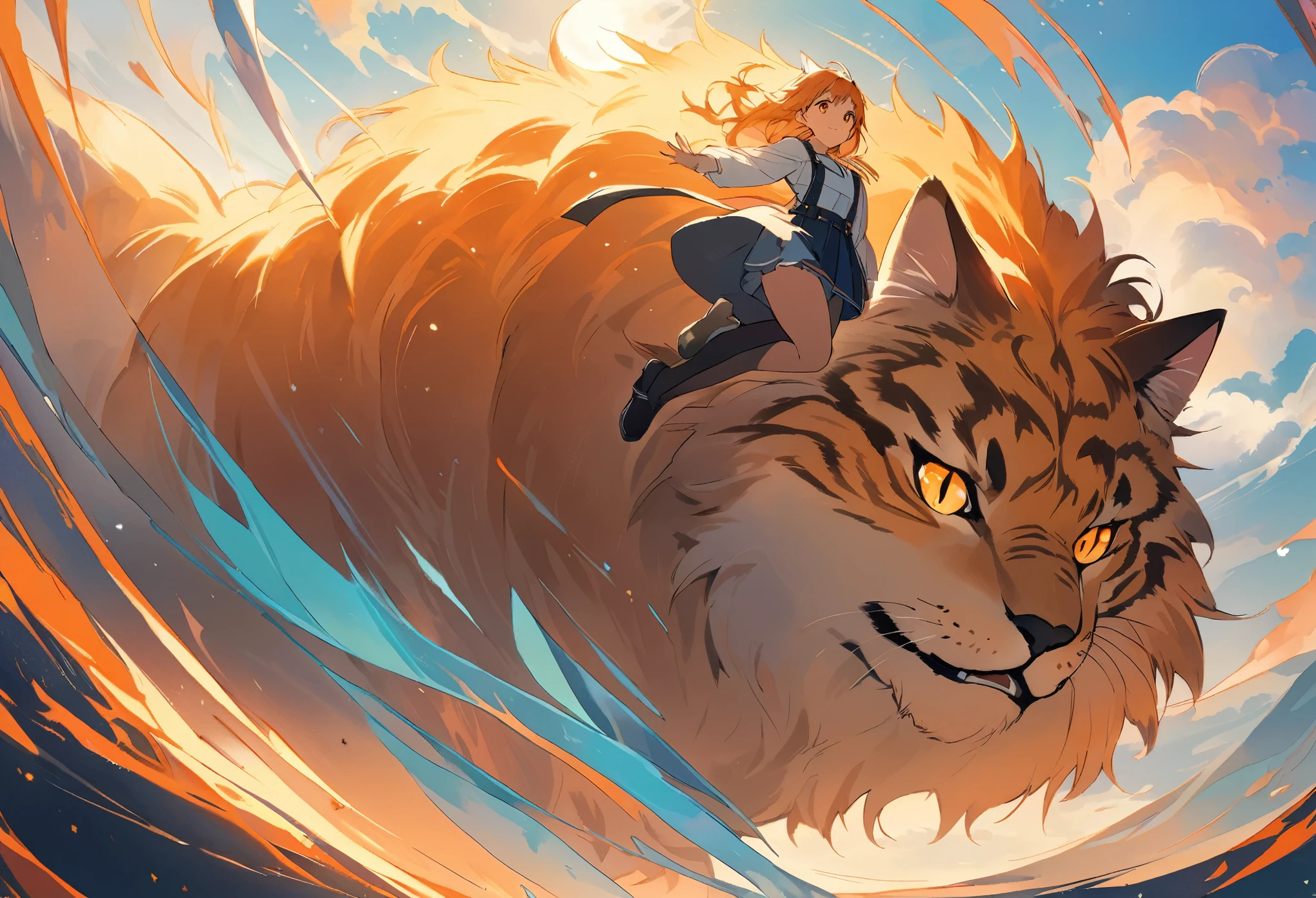 A wide-angle shot showing a young female high school student in a lying happily on the back of a massive, majestic feline creature. The cat has a powerful, muscular body covered in thick, lustrous fur that shimmers in various shades of orange, red, and gold. Its face is regal and leonine, with piercing eyes and a strong, angular jawline. The girl reclines gracefully on the cat’s broad back, her skirt billowing slightly in the wind as she clings to the creature’s thick fur with a joyful, awestruck expression. The cat moves with a graceful, effortless stride, its paws leaving no trace as it dashes through the fantastical landscape. The composition places the cat and girl prominently in the center of the frame, viewed from a frontal perspective. The overall aesthetic has an anime or illustration-like style.