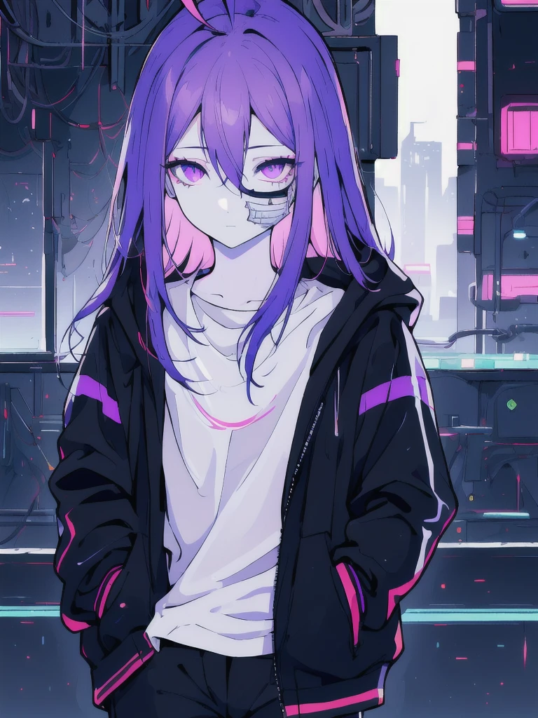 ((masterpiece)), (best quality), ((highres)), 4K, Detailed, (Ambient Light, Digital Art, Soft Lighting, extremely detailed 8K wallpaper:1.2), BREAK 1girl, solo, pale skin, violet eyes, violet hair, ahoge, (absurdly long hair:1.1), flat chest, cyberpunk scenery, black jacket, pants, shirt, night, hand in pocket, looking at viewer, hair between eyes, expressionless, rtx, neon light, black medical mask