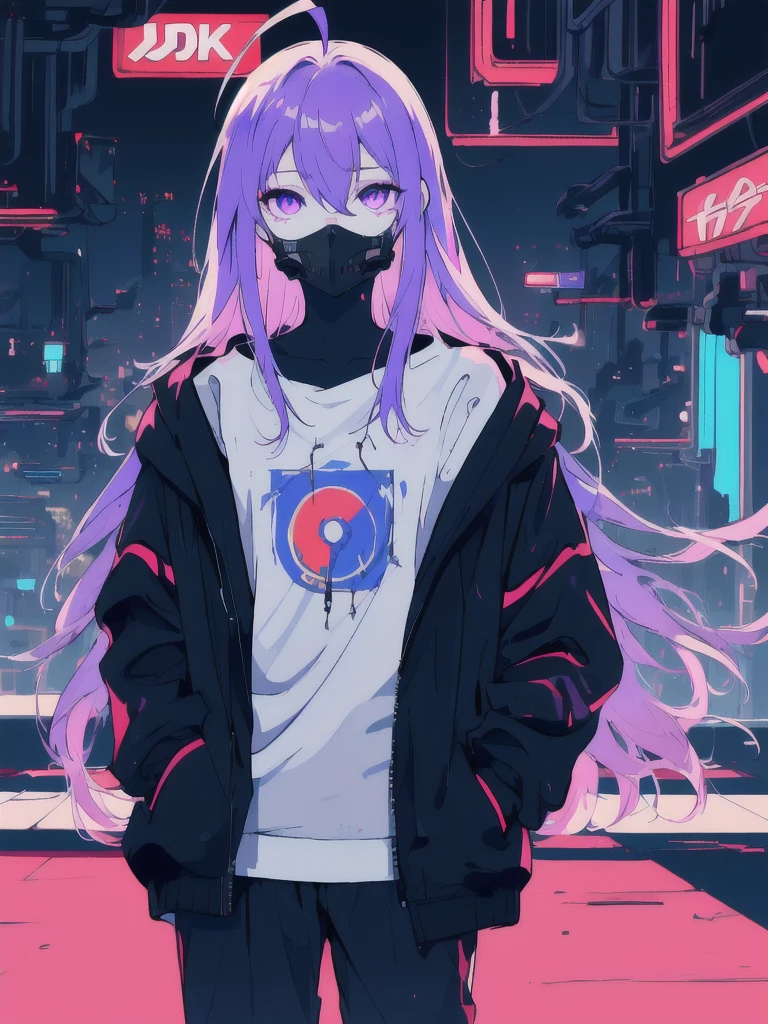 ((masterpiece)), (best quality), ((highres)), 4K, Detailed, (Ambient Light, Digital Art, Soft Lighting, extremely detailed 8K wallpaper:1.2), BREAK 1girl, solo, pale skin, violet eyes, violet hair, ahoge, (absurdly long hair:1.1), flat chest, cyberpunk scenery, black jacket, pants, shirt, night, hand in pocket, looking at viewer, hair between eyes, expressionless, rtx, neon light, black medical mask