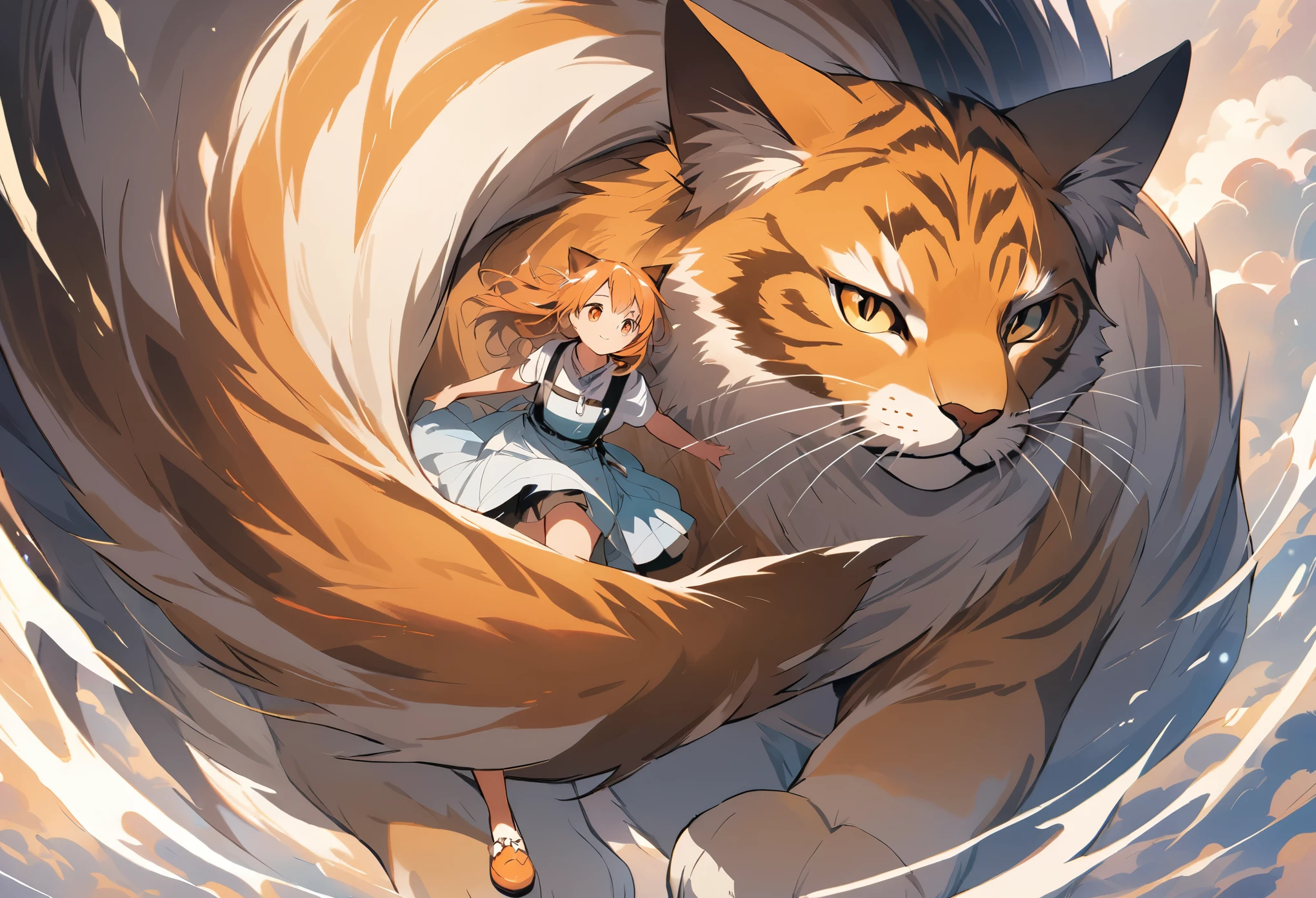 A wide-angle shot showing a young female high school student in a lying happily on the back of a massive, majestic feline creature. The cat has a powerful, muscular body covered in thick, lustrous fur that shimmers in various shades of orange, red, and gold. Its face is regal and leonine, with piercing eyes and a strong, angular jawline. The girl reclines gracefully on the cat’s broad back, her skirt billowing slightly in the wind as she clings to the creature’s thick fur with a joyful, awestruck expression. The cat moves with a graceful, effortless stride, its paws leaving no trace as it dashes through the fantastical landscape. The composition places the cat and girl prominently in the center of the frame, viewed from a frontal perspective. The overall aesthetic has an anime or illustration-like style.