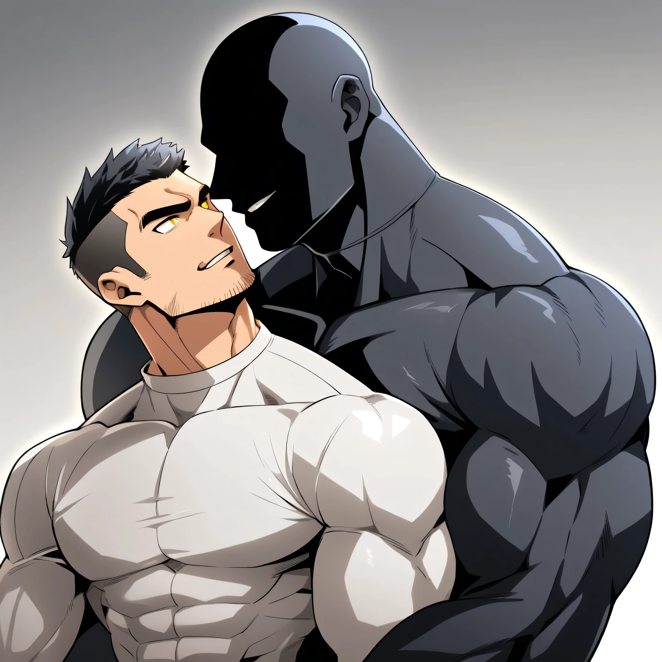 anime characters：Two superheroes in tights, Muscle Sports Student and Muscle No Face No Eyes skinhead superhero, No Face，negro black skin, They hugged and kissed each other, Bite your neck, Caress, Manliness, male focus, Dark black high collar long sleeve tight T-shirt, Slightly transparent material, Very tight, Round, full and perky chest muscles, Muscle waist, Slightly transparent, muscular male, muscular, only, Upper body, alone, Black short hair, Thick eyebrows, stubble, Yellow eyes, Grey background, simple background, amazing quality, best aesthetics, Ridiculous, bright pupils, crew cut, parted lips, seductive smile, torogao, naughty face, drop shadow, best quality