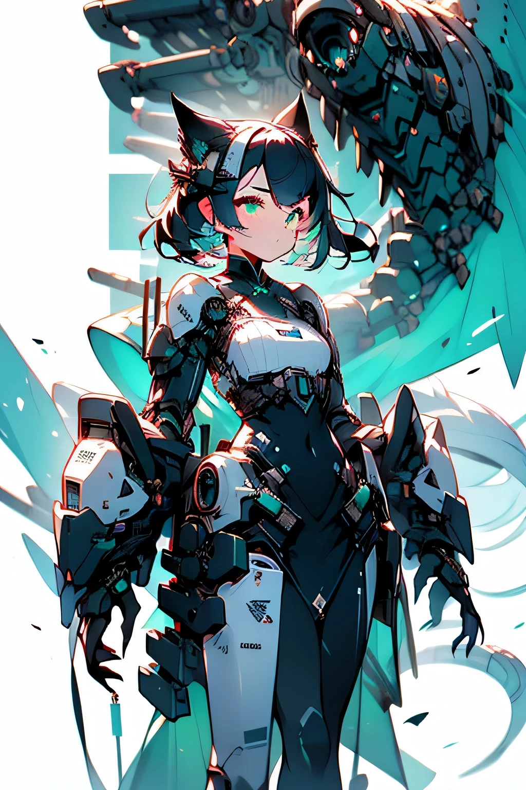 A girl，Black hair，Blue Tone，cyberpunk，A small amount of technological armor attached，LED effect，A white bandage is tied around the bridge of the nose，Green eyes，Catwoman，Technological weapons，Correct body proportions，图片Blue Tone，outstanding，High-quality