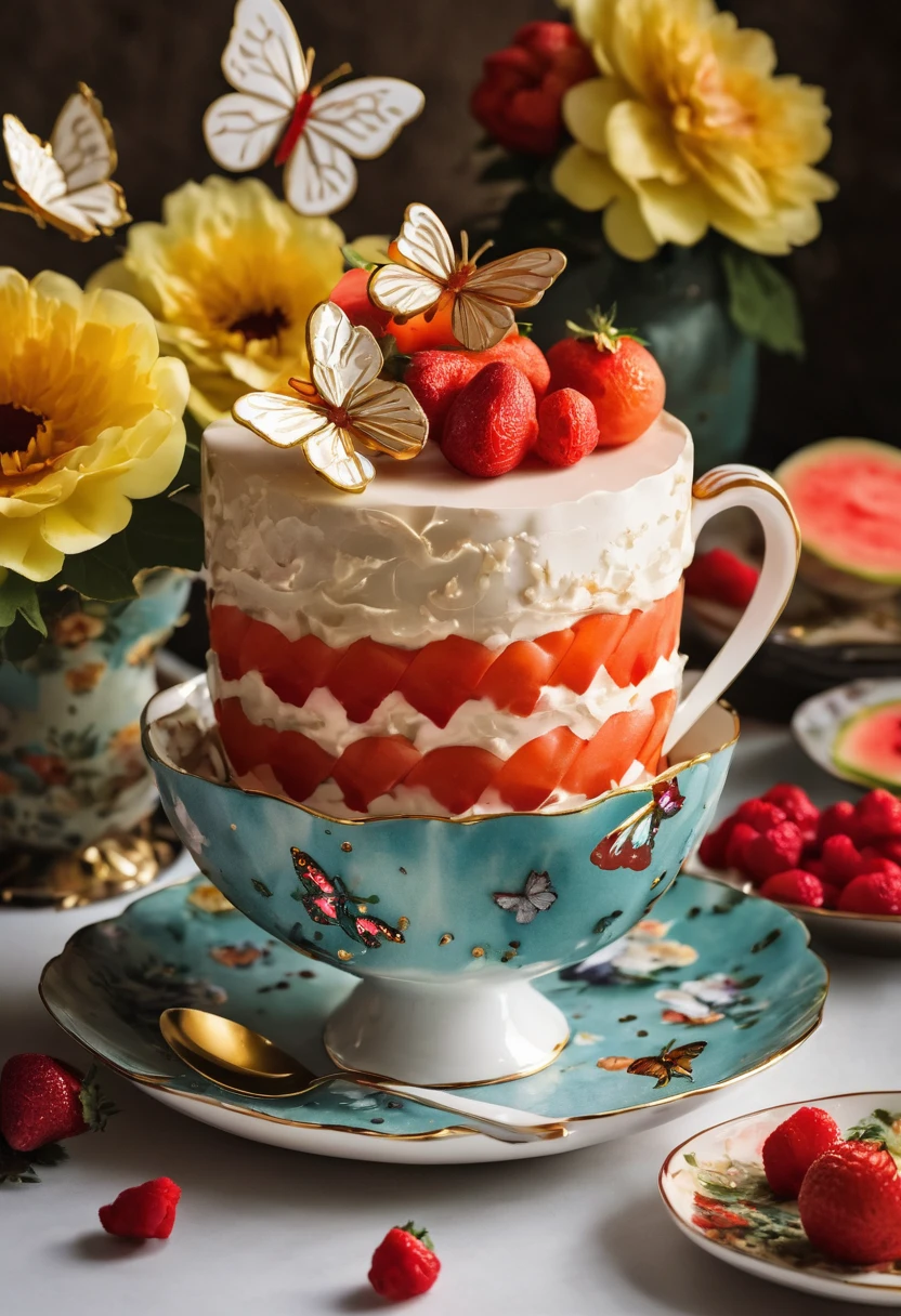(Cake placed in a teacup close-up), (Flowers, morango, melons, Butterflies),close up photograph,illustration,Masterpiece,surrealism,Onyx ware,Cotton utensils, --upbeta