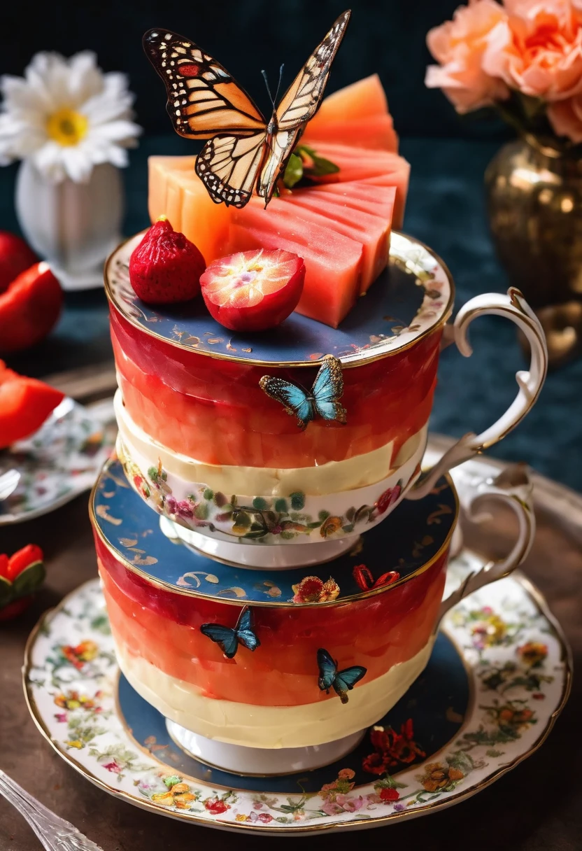 (Cake placed in a teacup close-up), (Flowers, morango, melons, Butterflies),close up photograph,illustration,Masterpiece,surrealism,Onyx ware,Cotton utensils, --upbeta