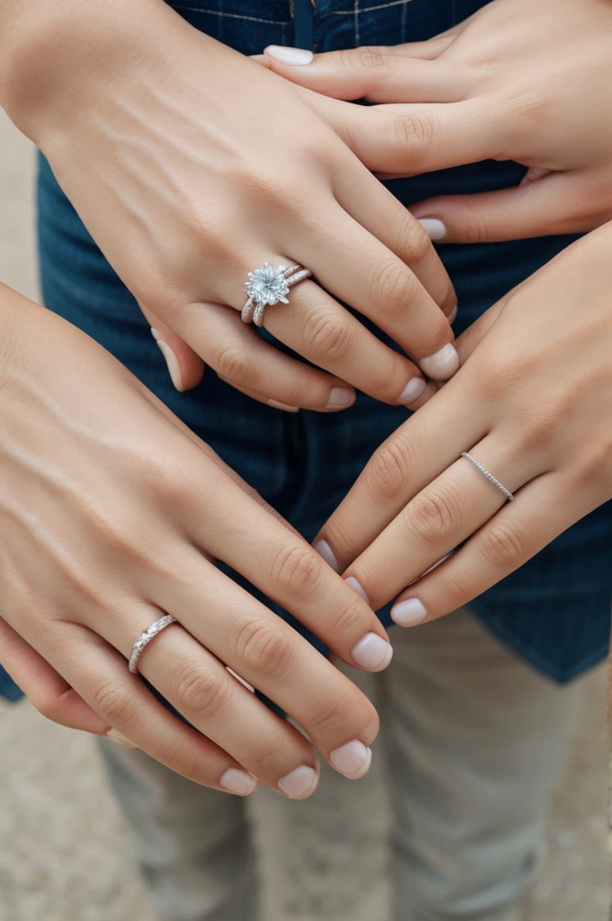 Interlaced hands with engagement rings on their ring fingers