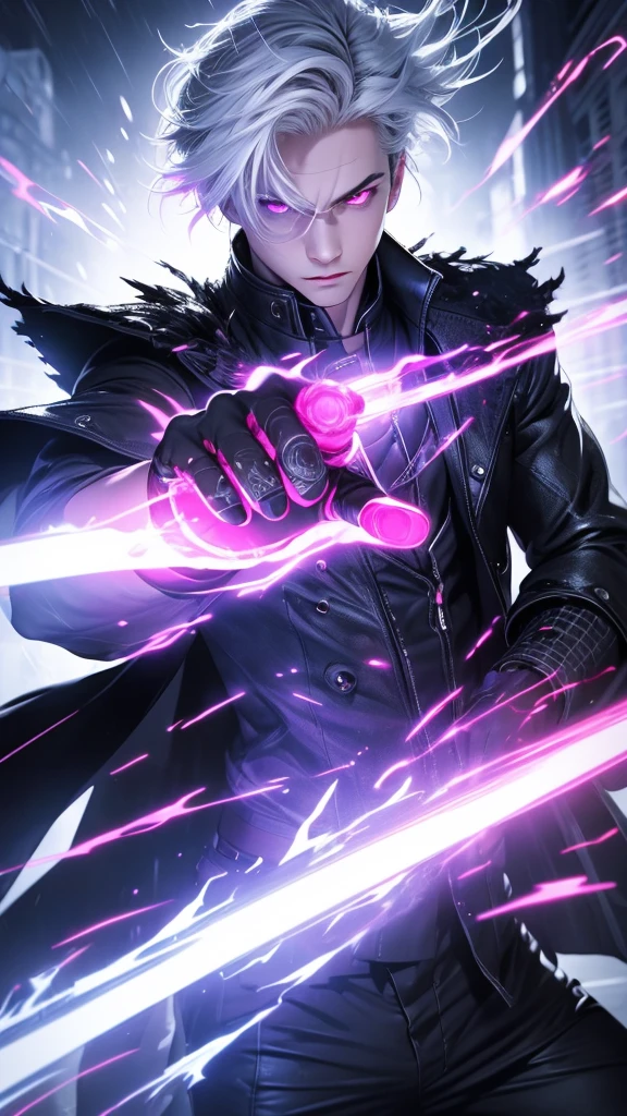 Solo boy, cool pose, white hair, red eyes, glowing eyes, black coat, rain, night, purple particle, Ultra realistic, hyper realistic, detailed lighting, UHD, detailed face, edge lighting, Masterpiece, highest quality, high resolution, detail maniac, high definition, high quality, detailed face, detailed body limbs, detailed five fingers