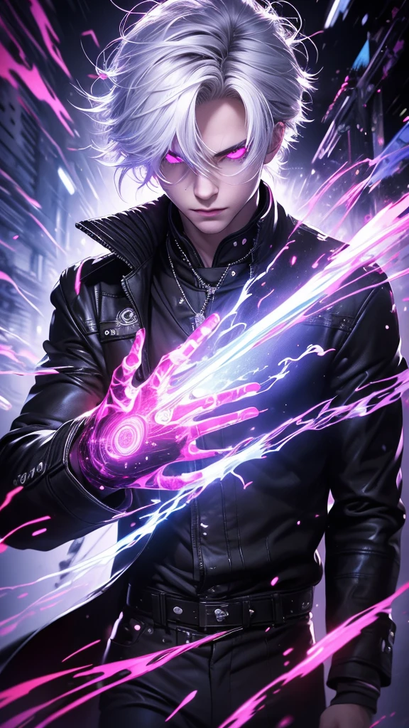 Solo boy, cool pose, white hair, red eyes, glowing eyes, black coat, rain, night, purple particle, Ultra realistic, hyper realistic, detailed lighting, UHD, detailed face, edge lighting, Masterpiece, highest quality, high resolution, detail maniac, high definition, high quality, detailed face, detailed body limbs, detailed five fingers